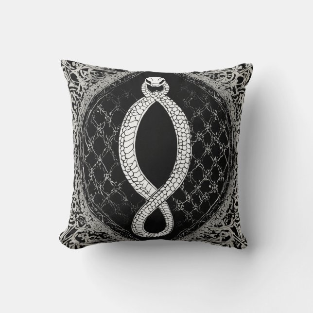 Serpentine Gothic: Elegant Black & White Ornamenta Throw Pillow (Front)