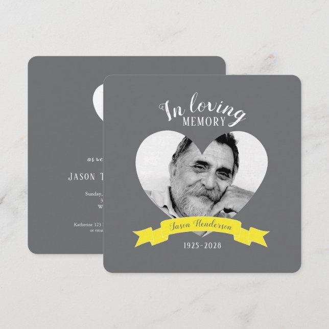 Service commémoratif photo ruban jaune invitations (Devant / Derrière)