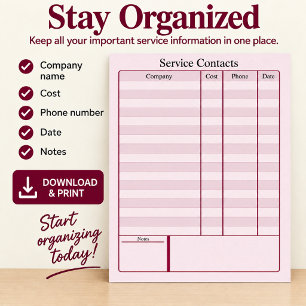 Service Contacts Directory Digital Download Poster
