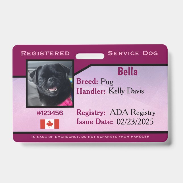 Service Dog Horizontal Purple Badge (Front)