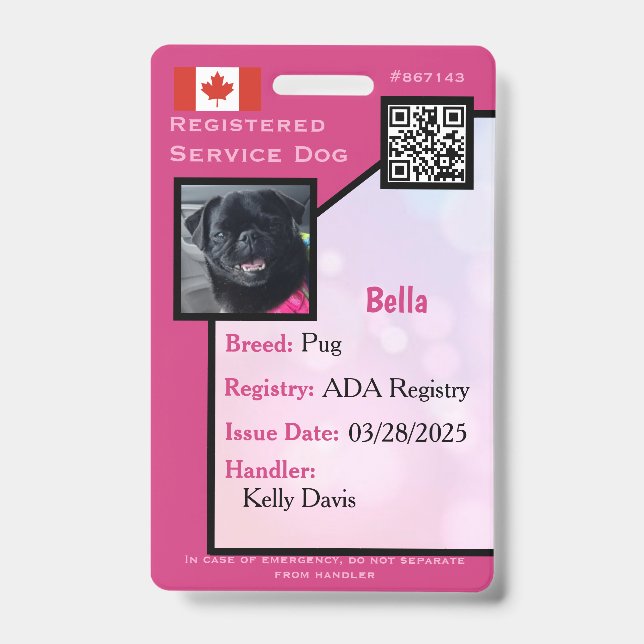 Service Dog ID Card pink vertical  Badge (Front)