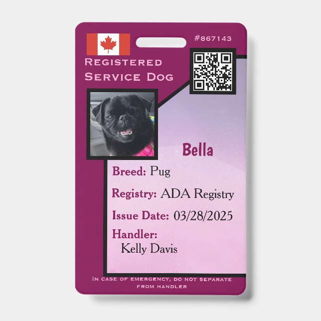 Service Dog ID Card purple vertical  Badge (Front)