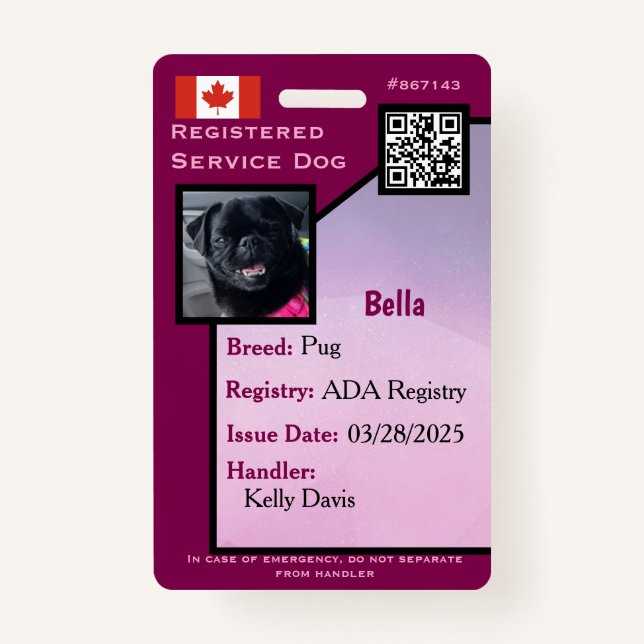 Service Dog ID Card purple vertical  Badge (Front)