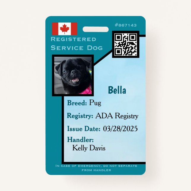 Service Dog ID Card teal vertical  Badge (Front)