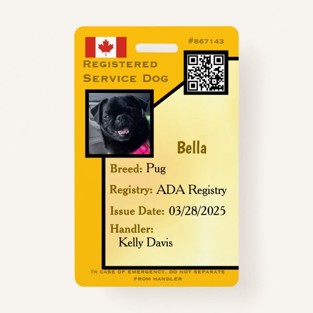 Service Dog ID Card yellow vertical  Badge (Front)