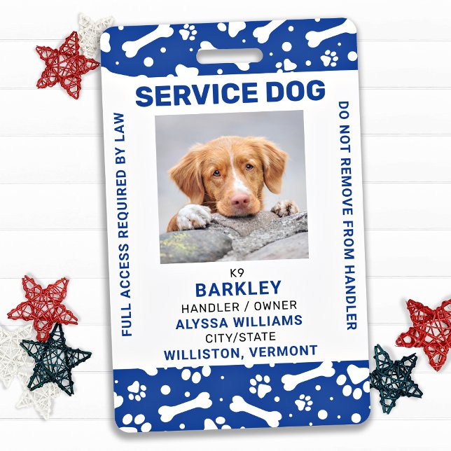 Service Dog Photo ID Personalized Blue Paw Prints Badge (Creator Uploaded)