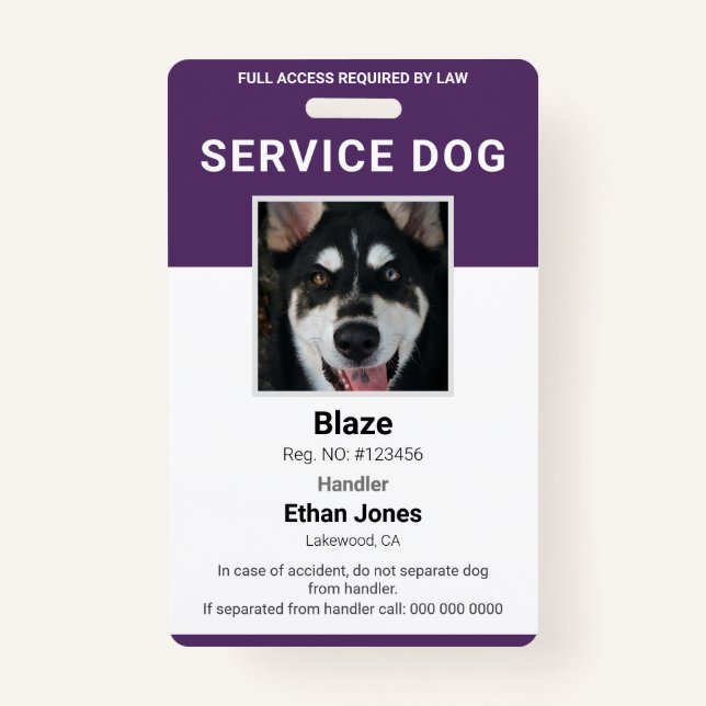 Service Dog Photo Purple Badge (Front)