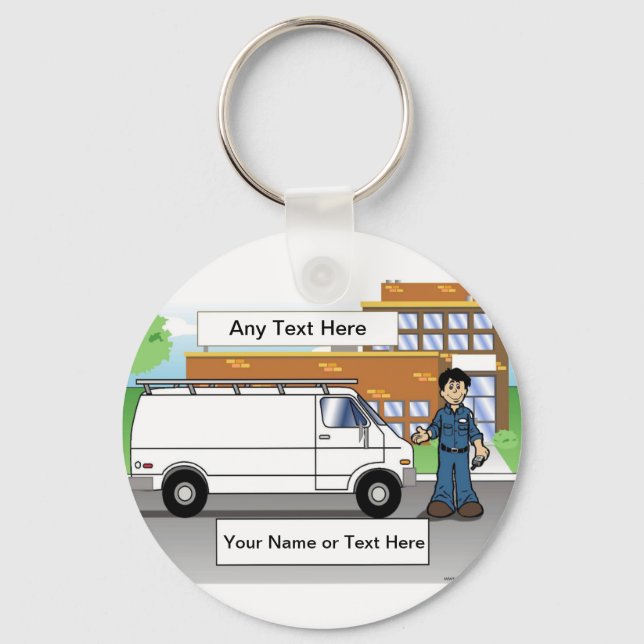 Service Van white Cartoon by PrintedPerfection.com Keychain (Front)