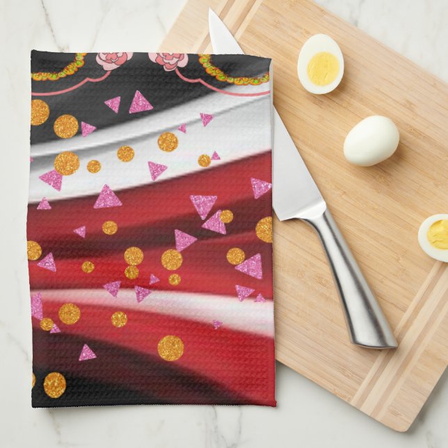 Serviette Abstraite de cuisine rouge noir blanc (Quart Plié)