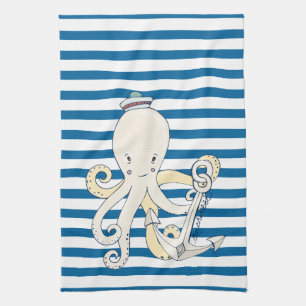 Serviette bleue et blanche de poulpe et d'Ancre de