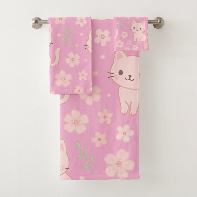 Serviette Cute Kawaii Chats et Fleurs Roses (En situation)