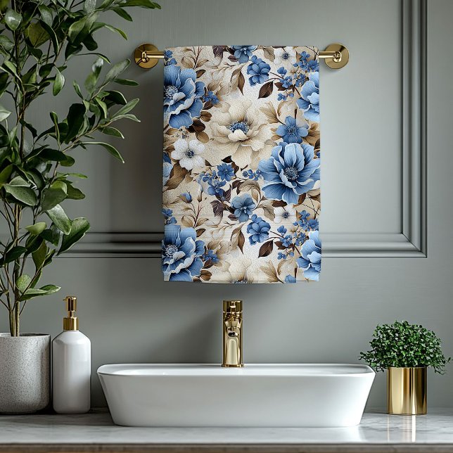 Serviette de bain aux fleurs dorées bleu marine lu (Luxurious Navy Blue Gold Flowers Bath Towel)