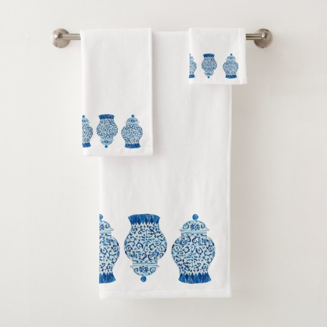 Serviette de bain bleu blanc Ginger Jar (En situation)