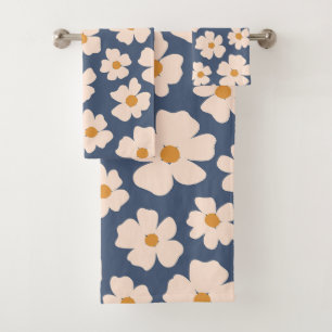 Serviette de bain bleu marine et beige floral