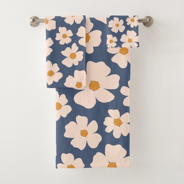 Serviette de bain bleu marine et beige floral