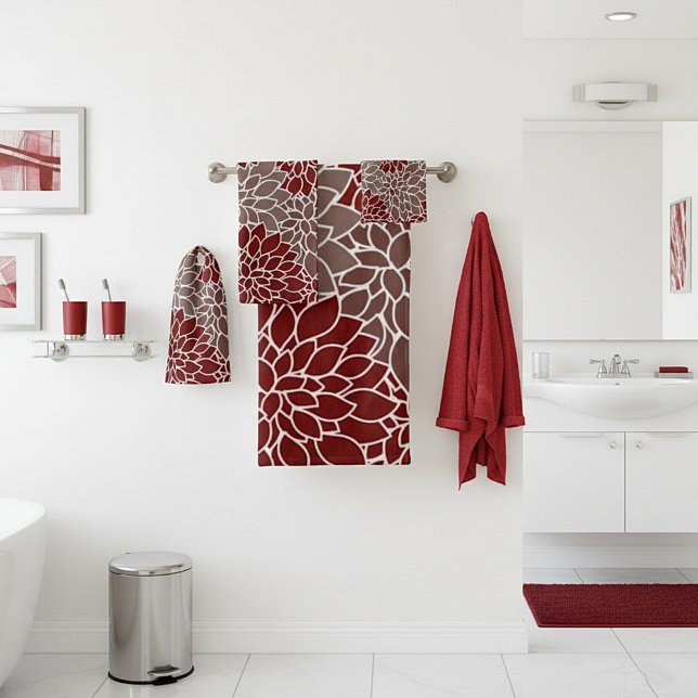 Serviette de bain dahlias rouge et argent (Créateur téléchargé)