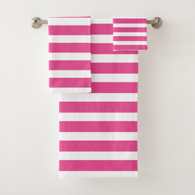 Serviette de bain moderne rose chaud et blanc (En situation)