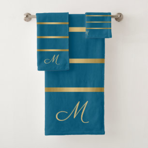 Serviette de bain motif à rayures turquoise et or