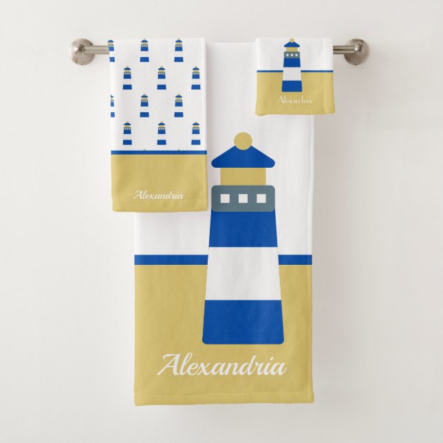 Serviette de bain Nautical Gold et bleu marine Lig (En situation)