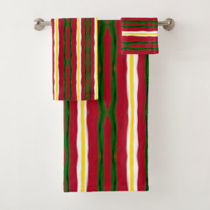 Serviette De Bain Rouge, Vert, Rayures Jaunes