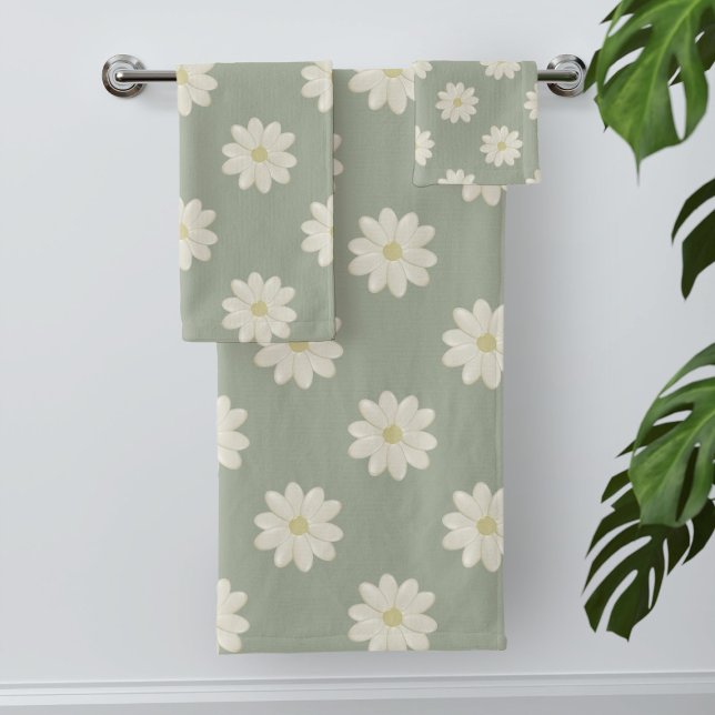 Serviette de bain verte Motif Sage Crème Daisy (Pretty sage green cream daisy bath towels. Check out the collection for coordinating products)