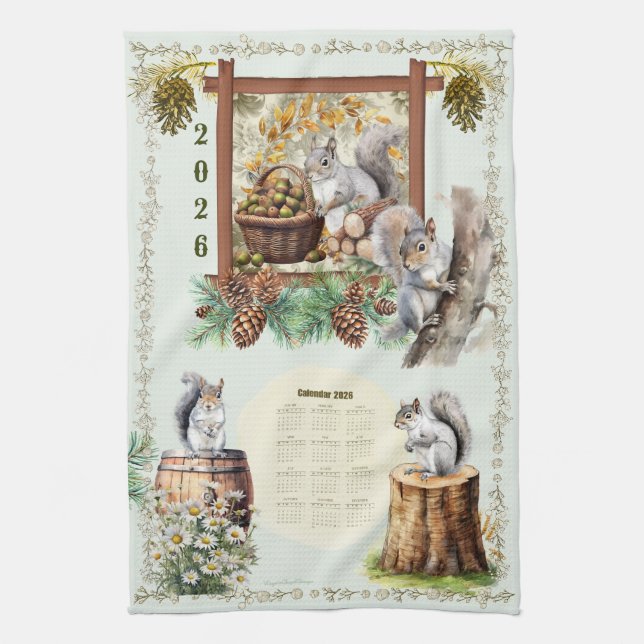 Serviette de calendrier 2026 Écureuils Marguerites (Vertical)