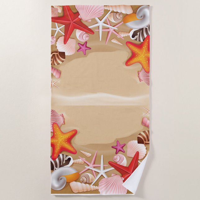 Serviette de coquillages Starfish (A vibrant beach themed towel adorned with colorful starfish, shells, and sea creatures.)