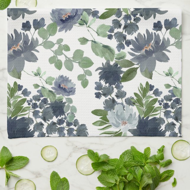 Serviette de cuisine à fleurs bleu roux (Plié)