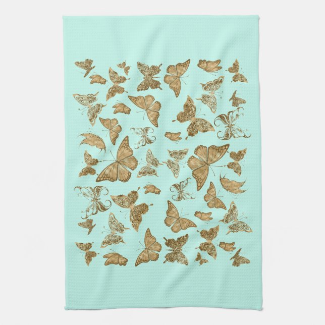 Serviette de cuisine Aqua et Gold Butterfly (Vertical)