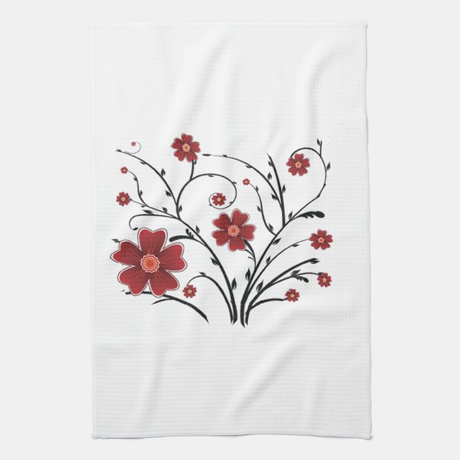 Serviette de cuisine aux fleurs de Whimsical rouge (Vertical)
