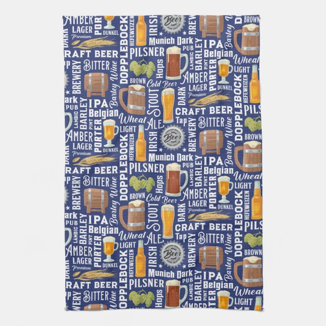 Serviette de cuisine bleue aux styles de bière (Vertical)
