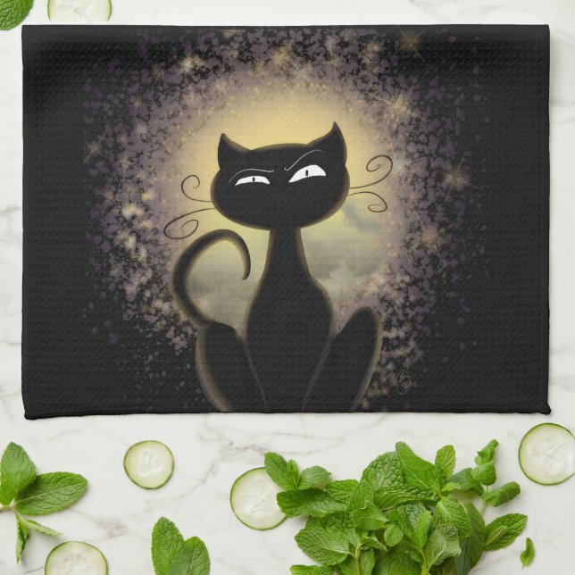 Serviette de cuisine - chat noir dans la lumière (Plié)