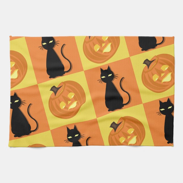 Serviette de cuisine citrouille et chat. (Horizontal)