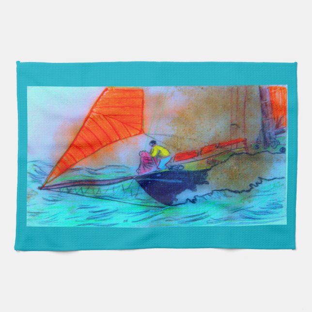 serviette de cuisine de goélette à voile rouge (Horizontal)