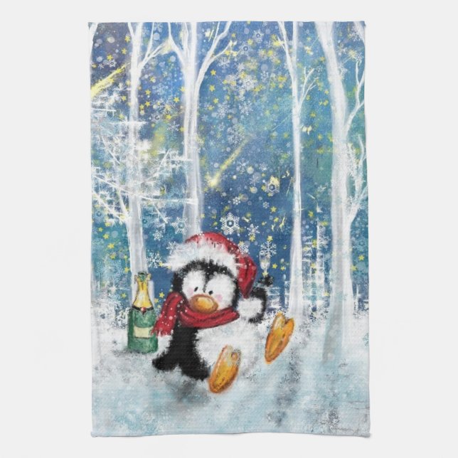 Serviette de cuisine de Noël avec Happy Penguin (Vertical)