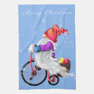 Serviette de cuisine de Noël Gnome avec vélo et ca