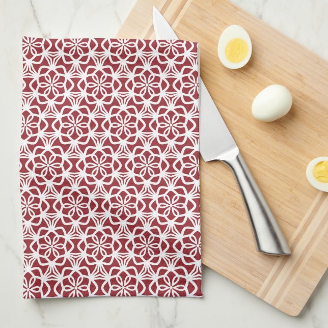 Serviette de cuisine en dentelle rouge et blanche (Quart Plié)