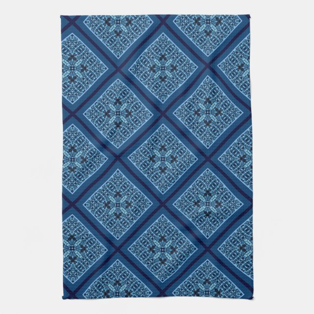 Serviette de cuisine en diamant bleu avec motif mo (Vertical)