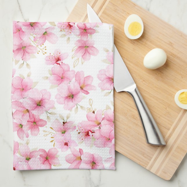 Serviette de cuisine en fleurs roses (Quart Plié)