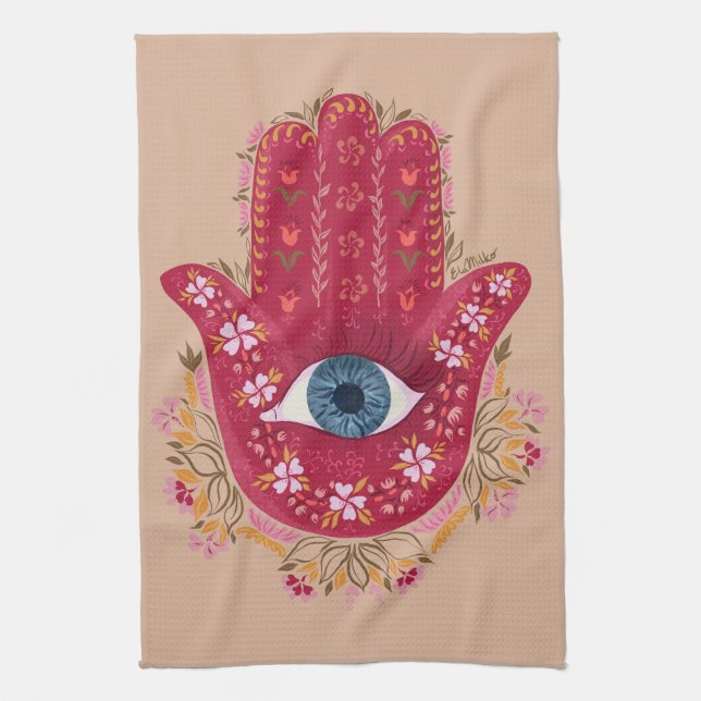 Serviette de cuisine Hamsa Hand_Magenta_Cream (Vertical)
