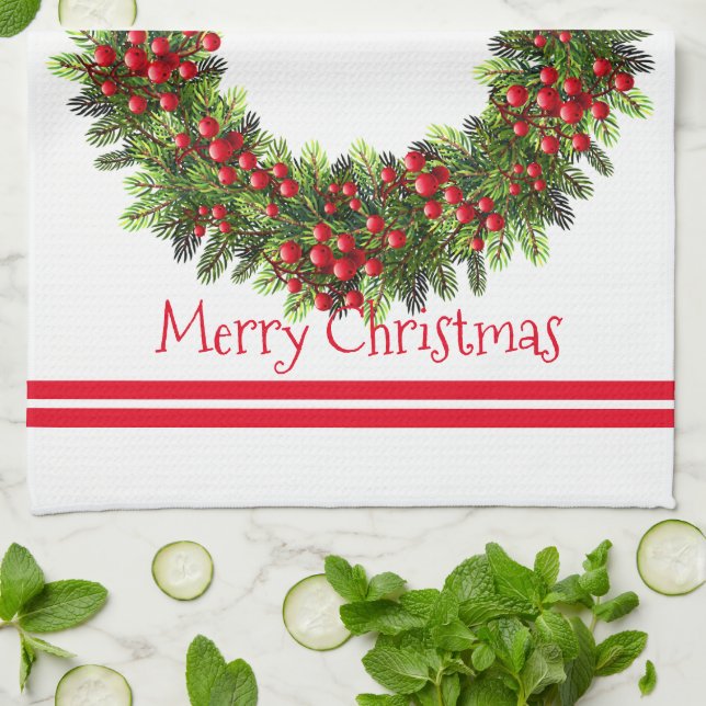 Serviette de cuisine - Joyeux Noël Berry Wreath (Plié)