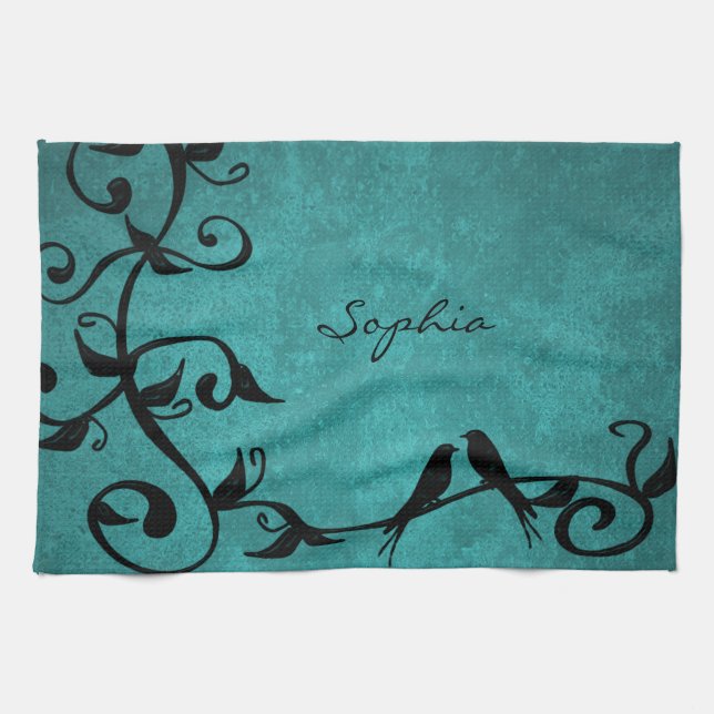 Serviette de cuisine Lovebirds turquoise (Horizontal)