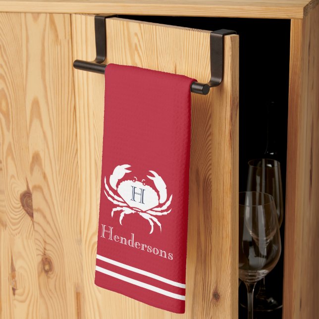 Serviette de cuisine monogramme de crabe blanc rou (Pliage en tiers)