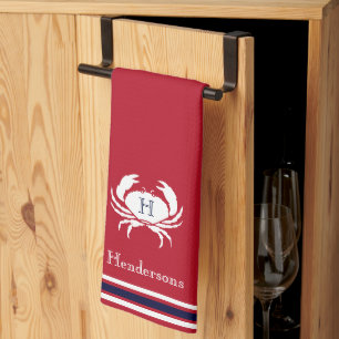 Serviette de cuisine monogramme de crabe blanc rou
