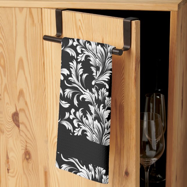 Serviette de cuisine Motif à feuilles noires et bl (Pliage en tiers)