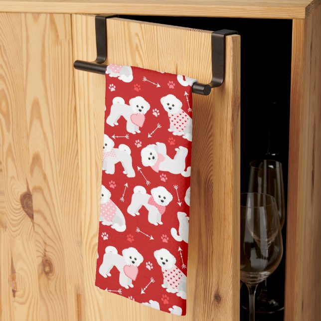 Serviette de cuisine Motif Bichon Frise Valentine (Pliage en tiers)