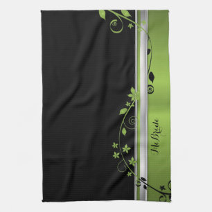 Serviette de cuisine noire et verte florale