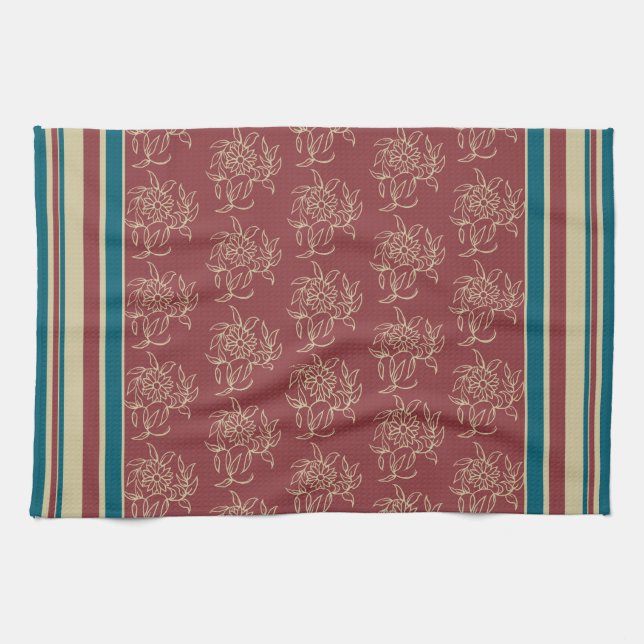 Serviette de cuisine ou de thé, Maroon, Floral ble (Horizontal)
