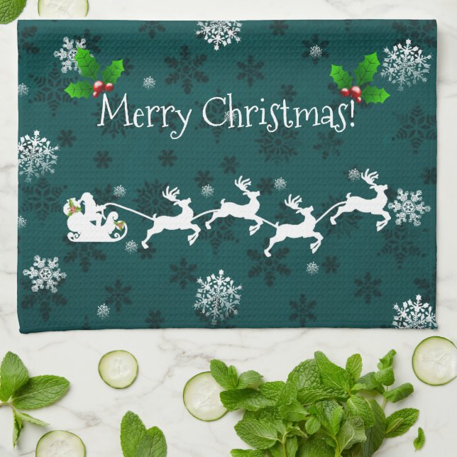 Serviette de cuisine Père Noël turquoise pour cout (Plié)
