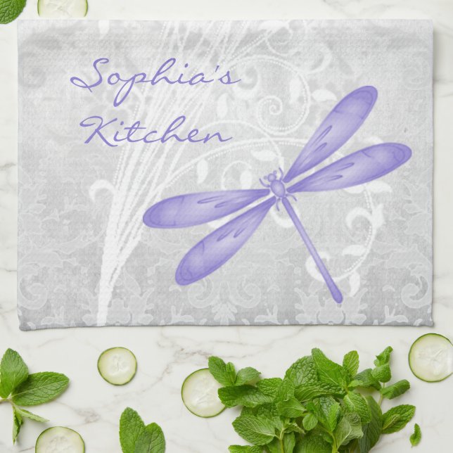 Serviette de cuisine personnalisée à libellule vio (Plié)